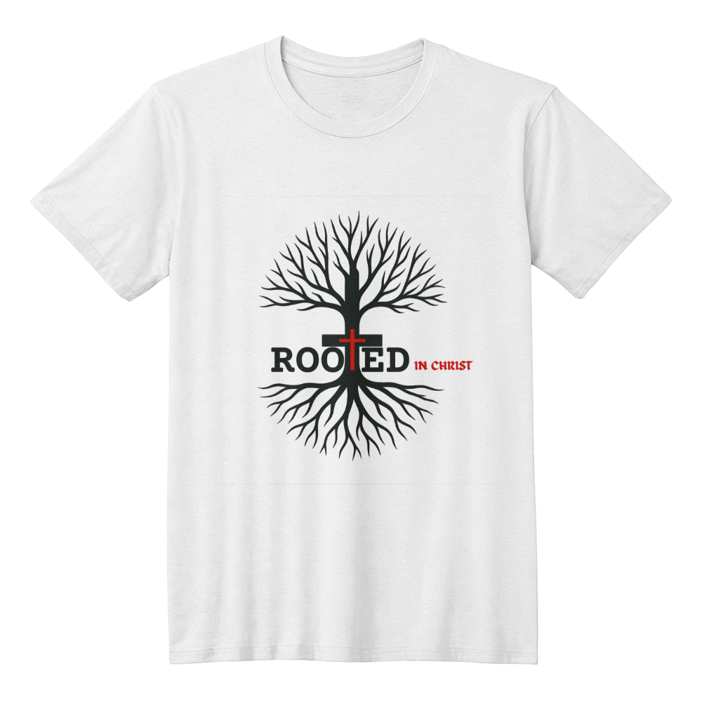 "Rooted In Christ" White T-Shirt ~ Brought to you by MasterCeremonyMusic.com
